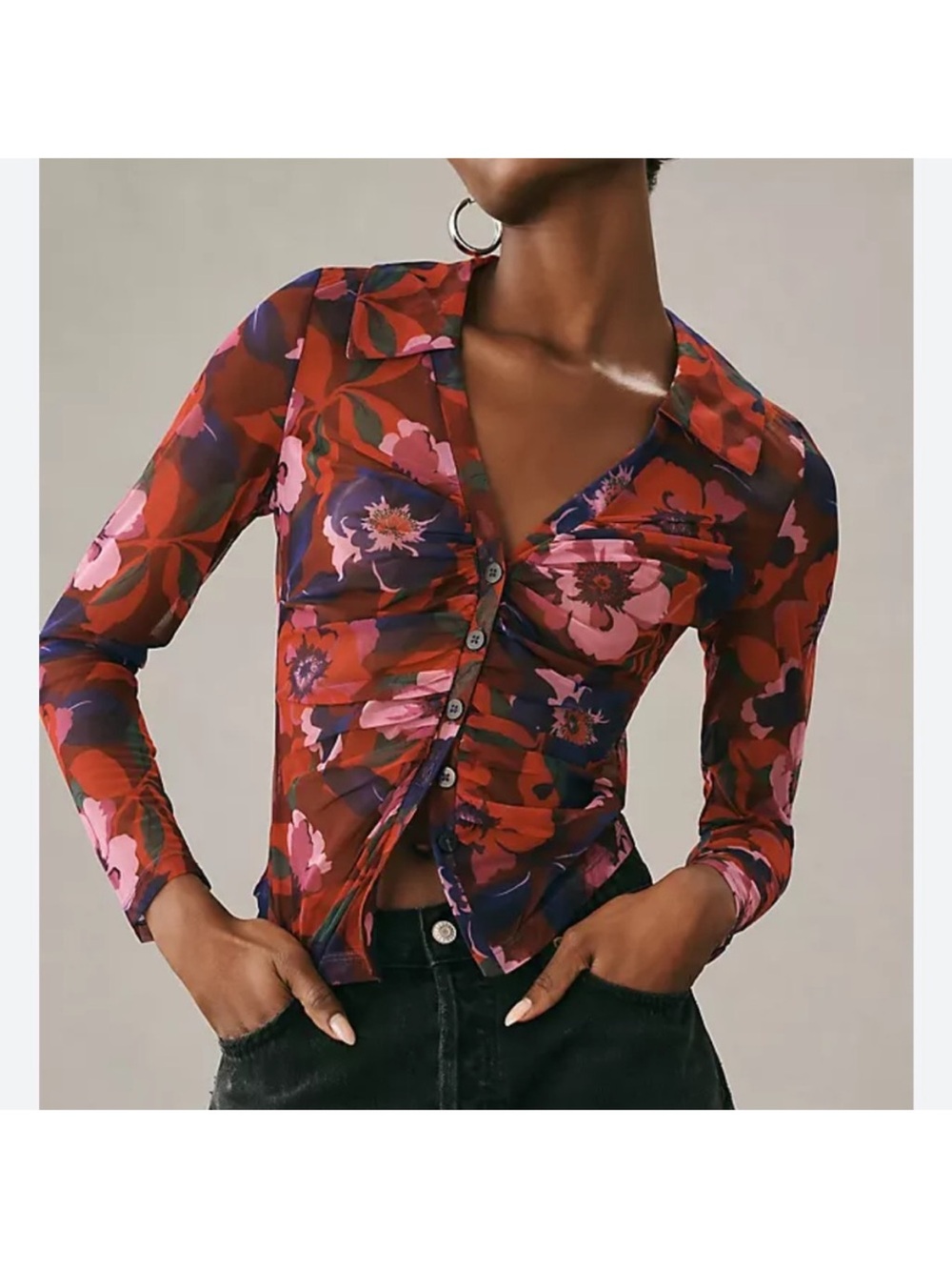 Maeve by Anthropologie Sheer Ruched Buttondown Blouse Xs